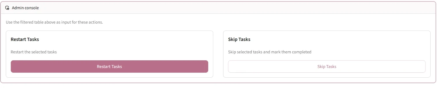The Loading Tasks admin console, with Restart Tasks and Skip Tasks acting on the filtered table above