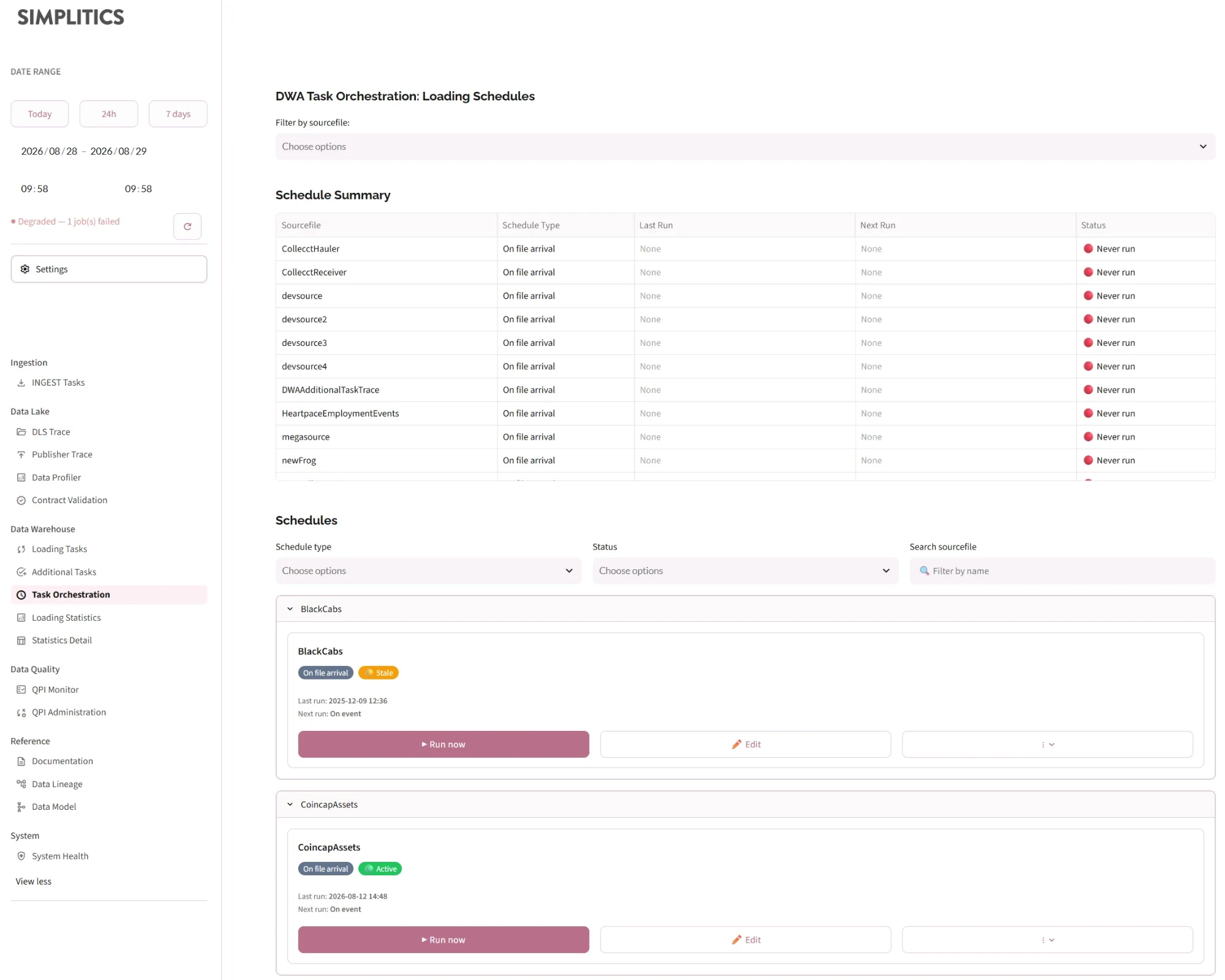 Task Orchestration: the schedule summary table and the per-sourcefile schedule cards with their Run now and Edit actions