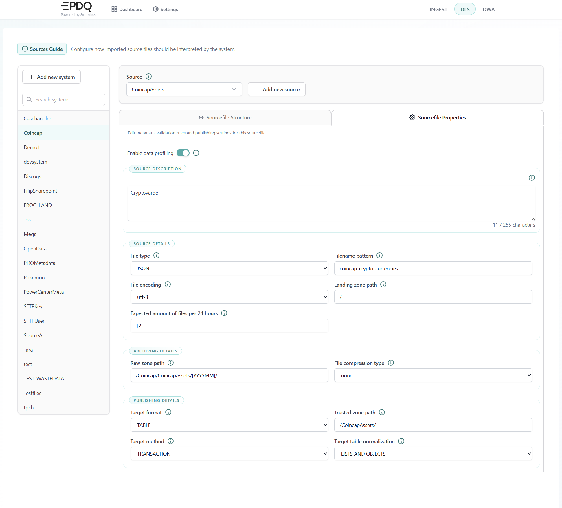 DLS sourcefile properties: data profiling toggle, source description, source details, archiving details and publishing details