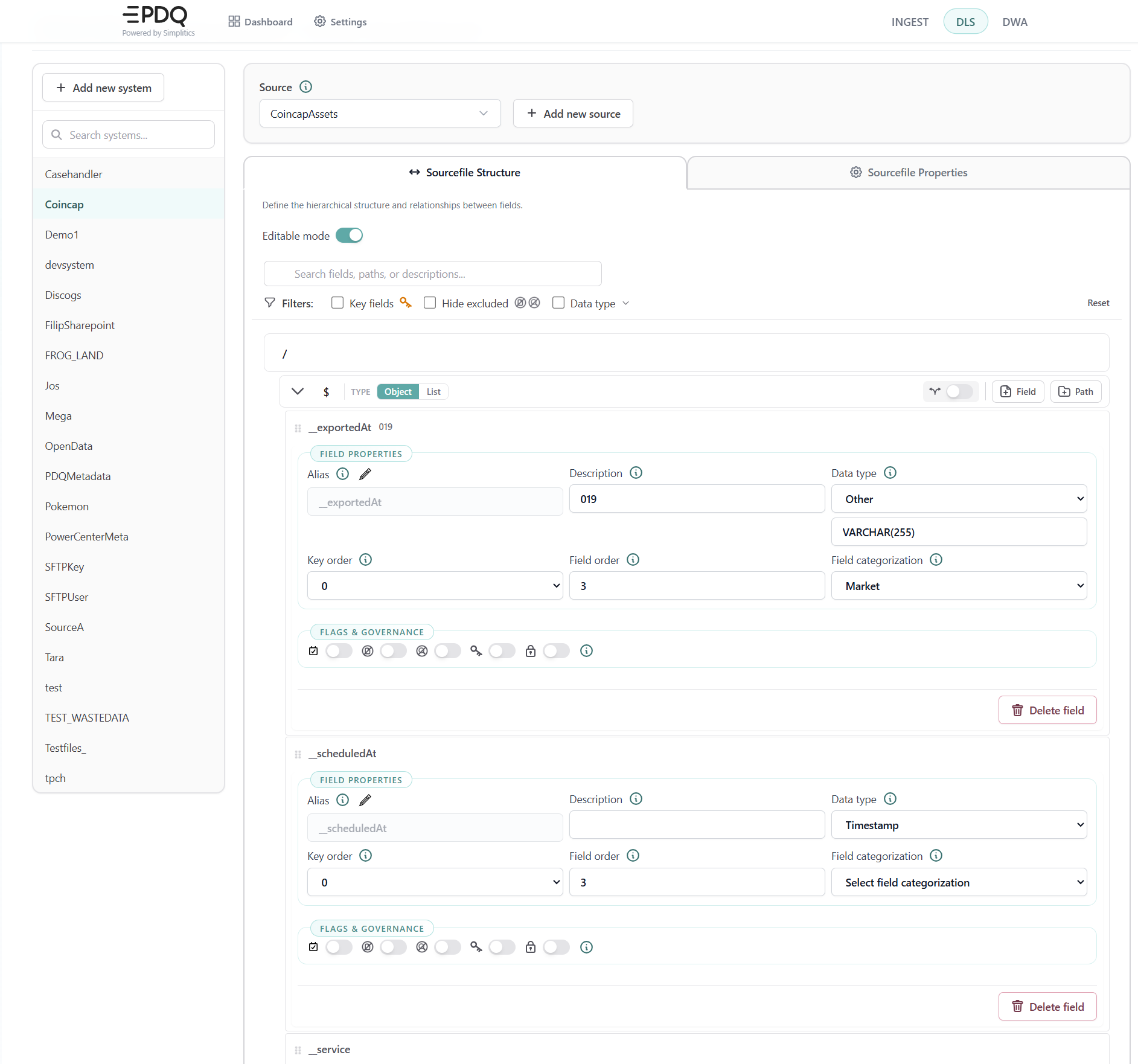 DLS sourcefile structure: hierarchical field list with field properties and governance flags