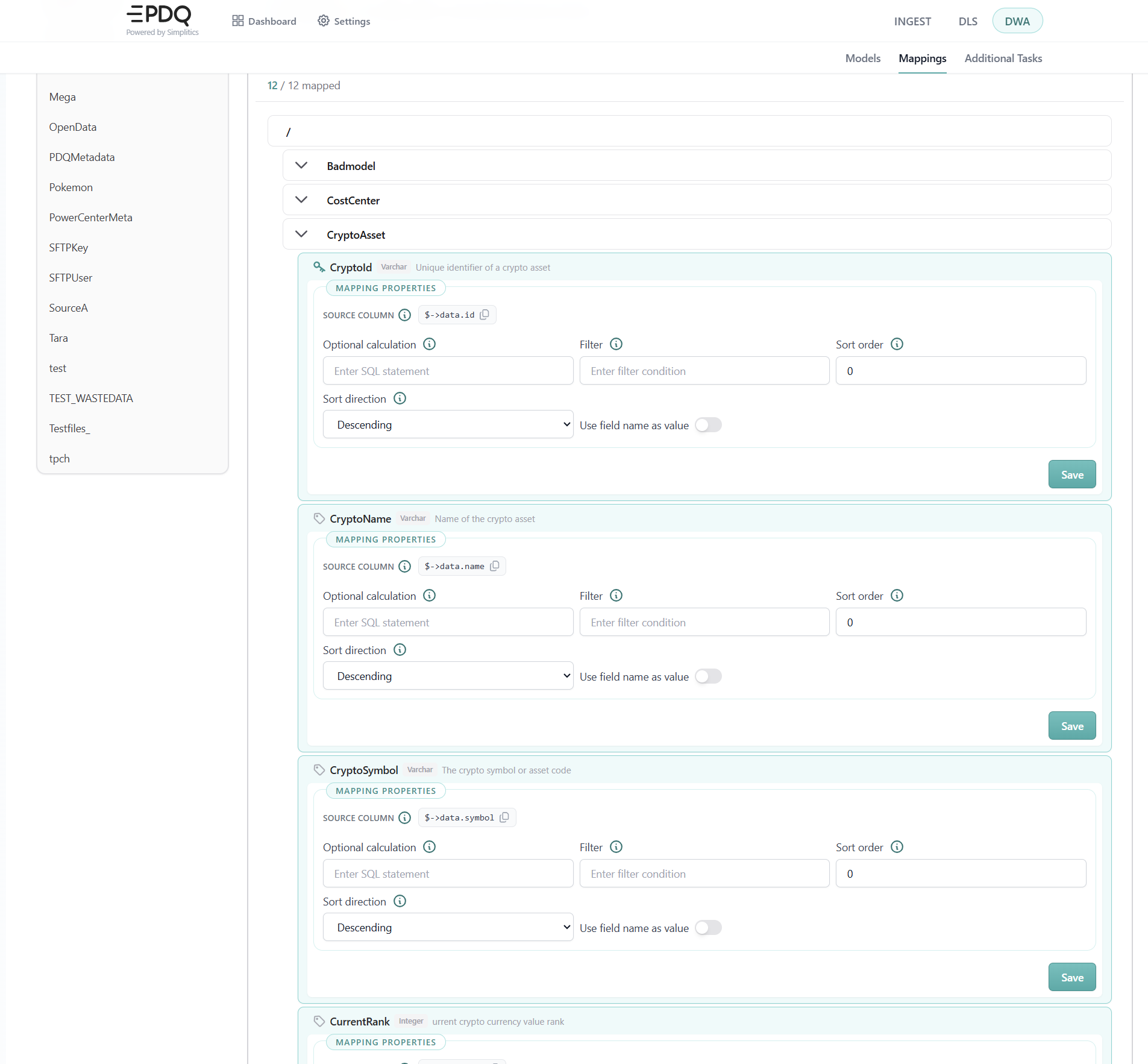 DWA Mapping Properties tab: every model attribute in the mapping group with its source column and transformation settings