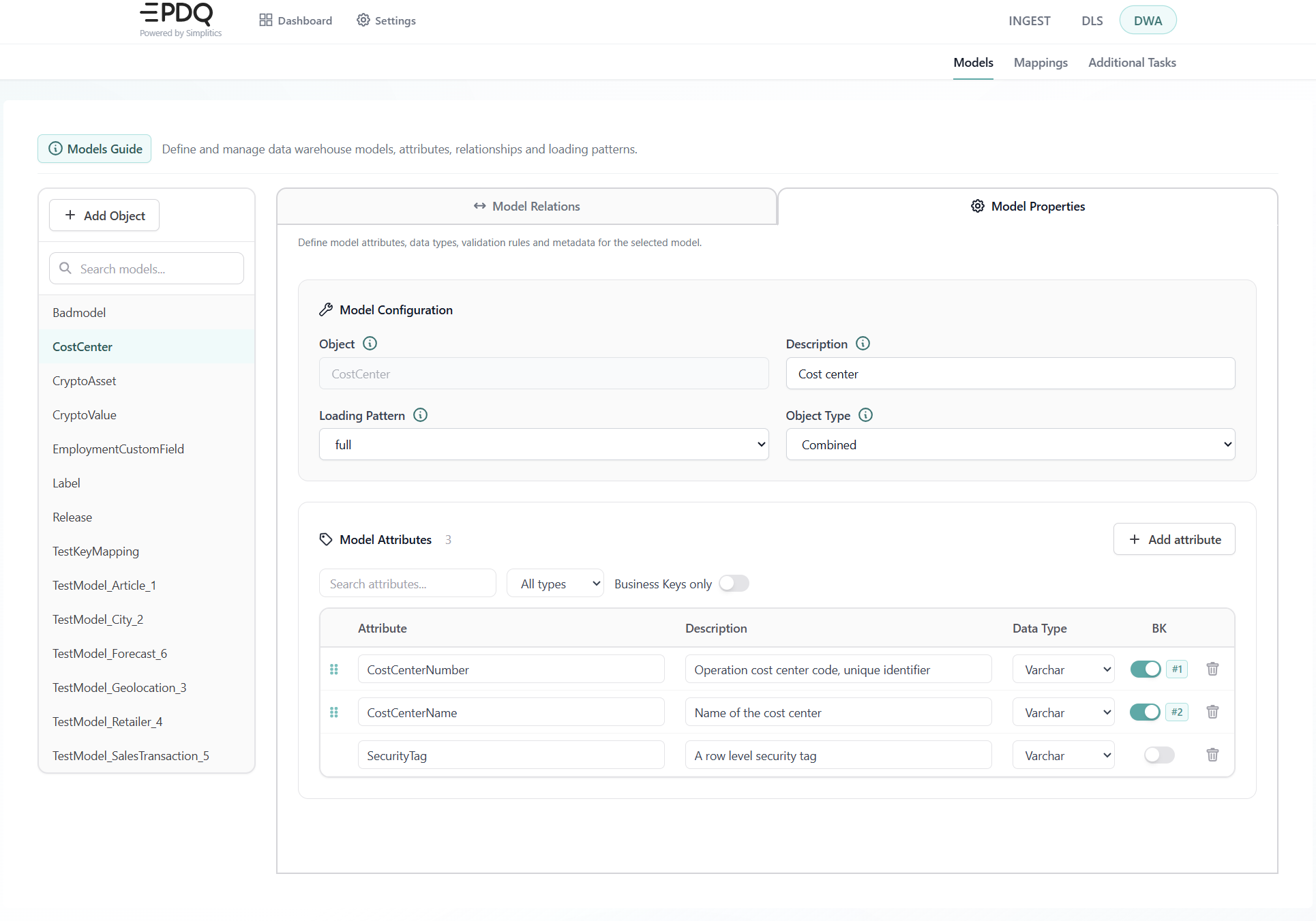 DWA Model Properties: model configuration and the model attribute list with business key toggles