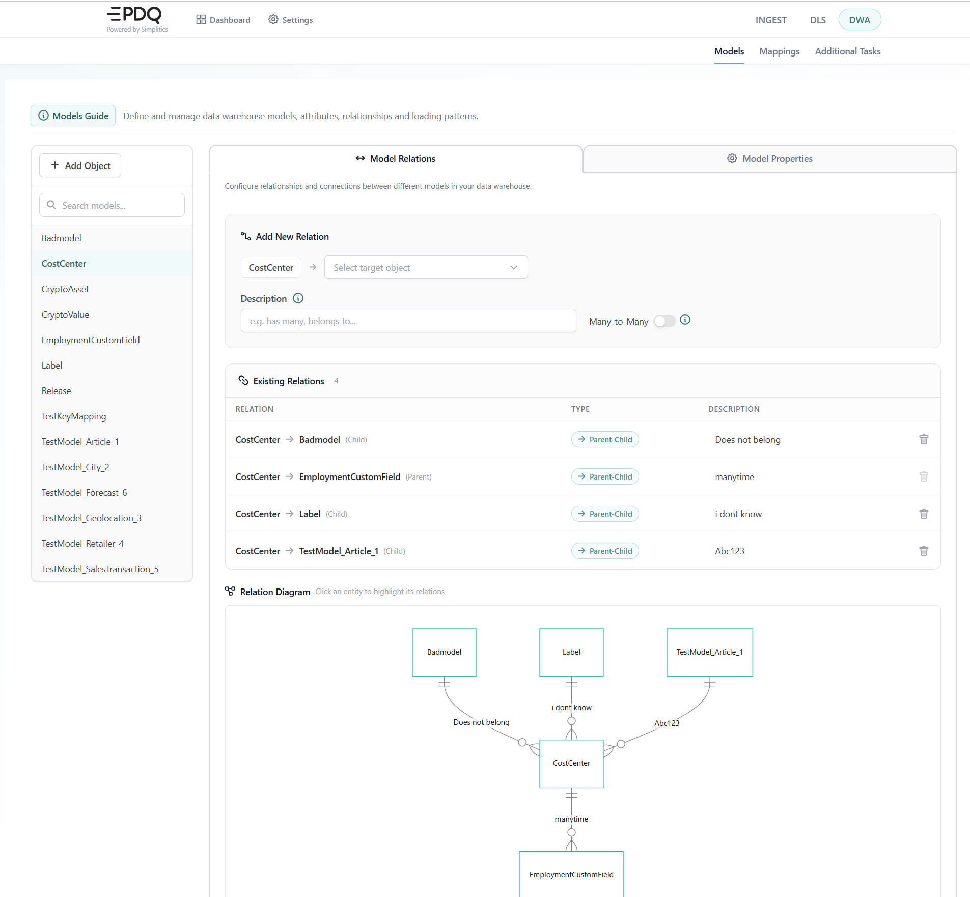 DWA Model Relations: the add-relation form, the list of existing relations and the relation diagram