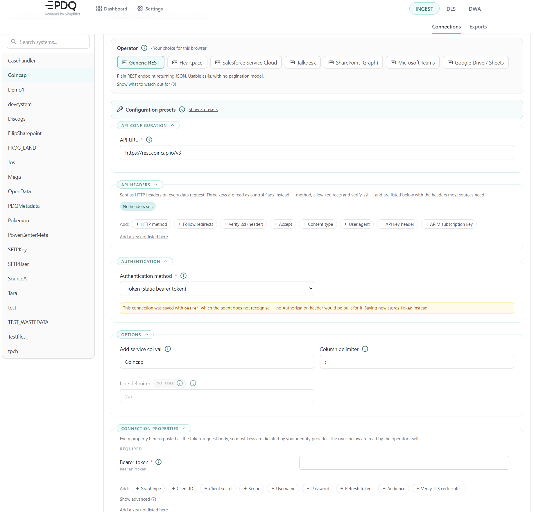Ingest API connection form: operator, API URL, headers, authentication method and connection properties