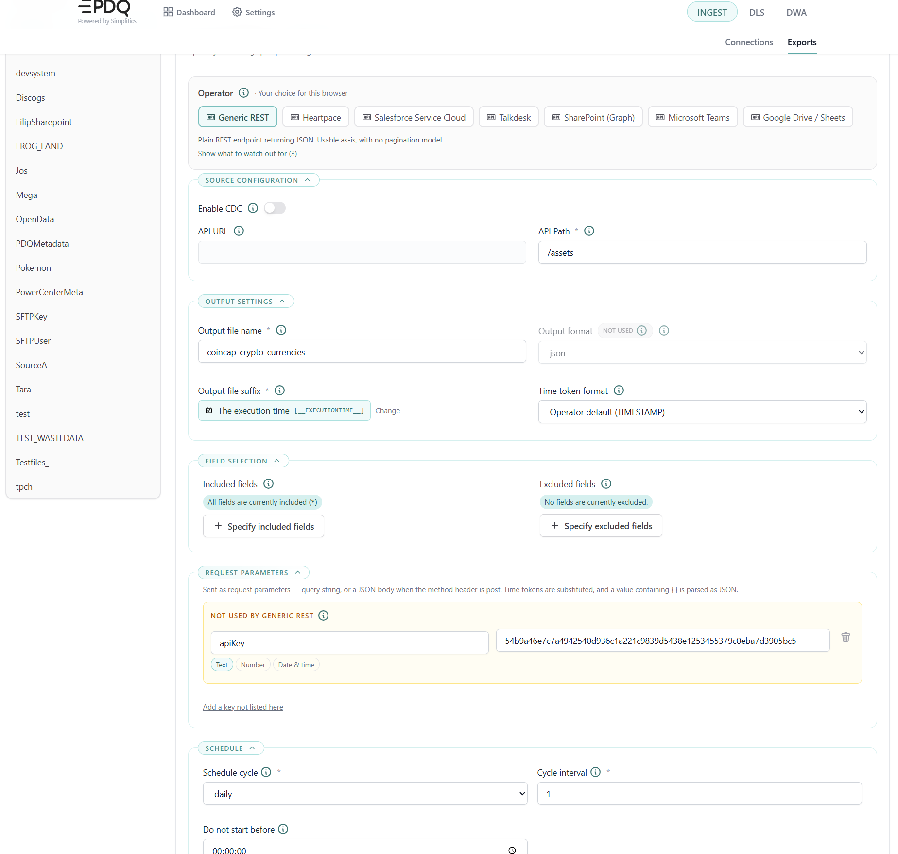 Source export configuration for a Generic REST API source: source configuration, output settings, field selection, request parameters and schedule